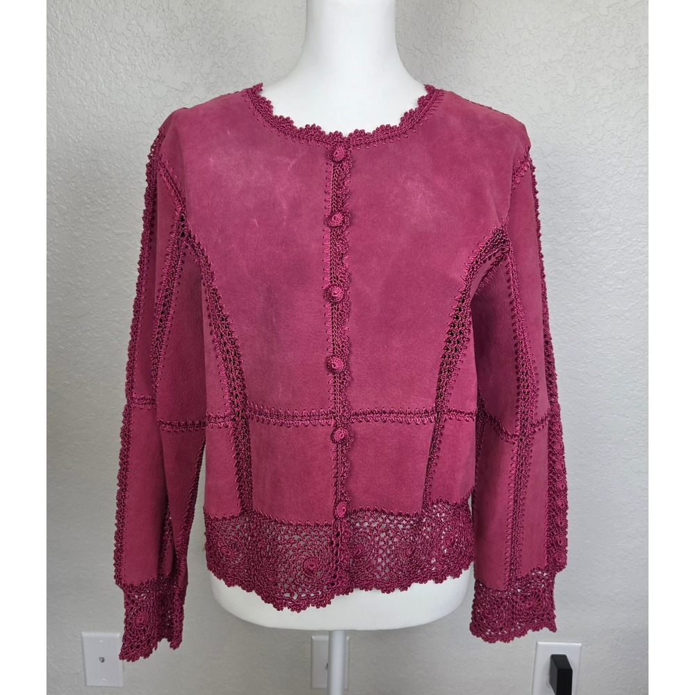 Vintage Suede Essentials Pink Suede & Crochet Button Up Cardigan Sweater, Med